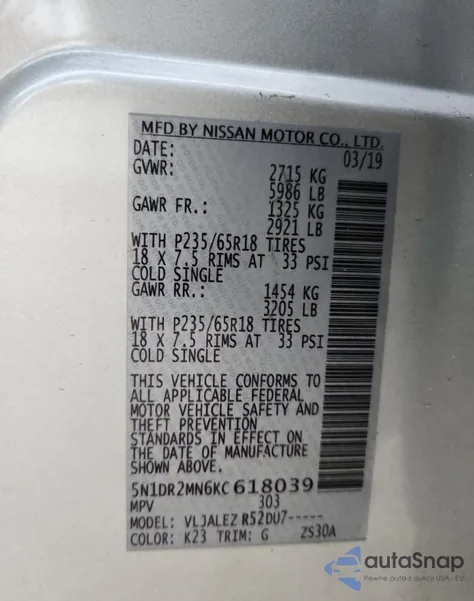 2019 Nissan Pathfinder S z USA, uszkodzony, nr VIN 5N1DR2MN6KC618039